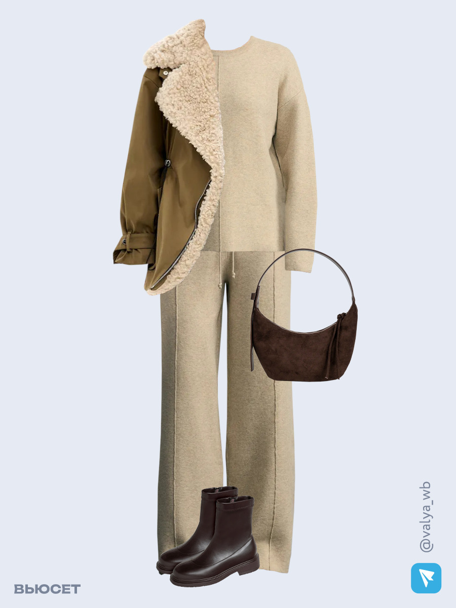 Образ с Вайлдберриз с артикулами (куртка, джемпер, брюки, сумка, ботинки)