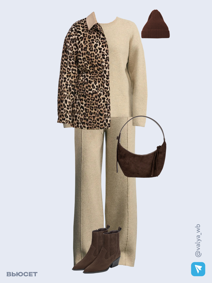 Образ с Вайлдберриз с артикулами (куртка, джемпер, брюки, сумка, ботильоны, шапка)