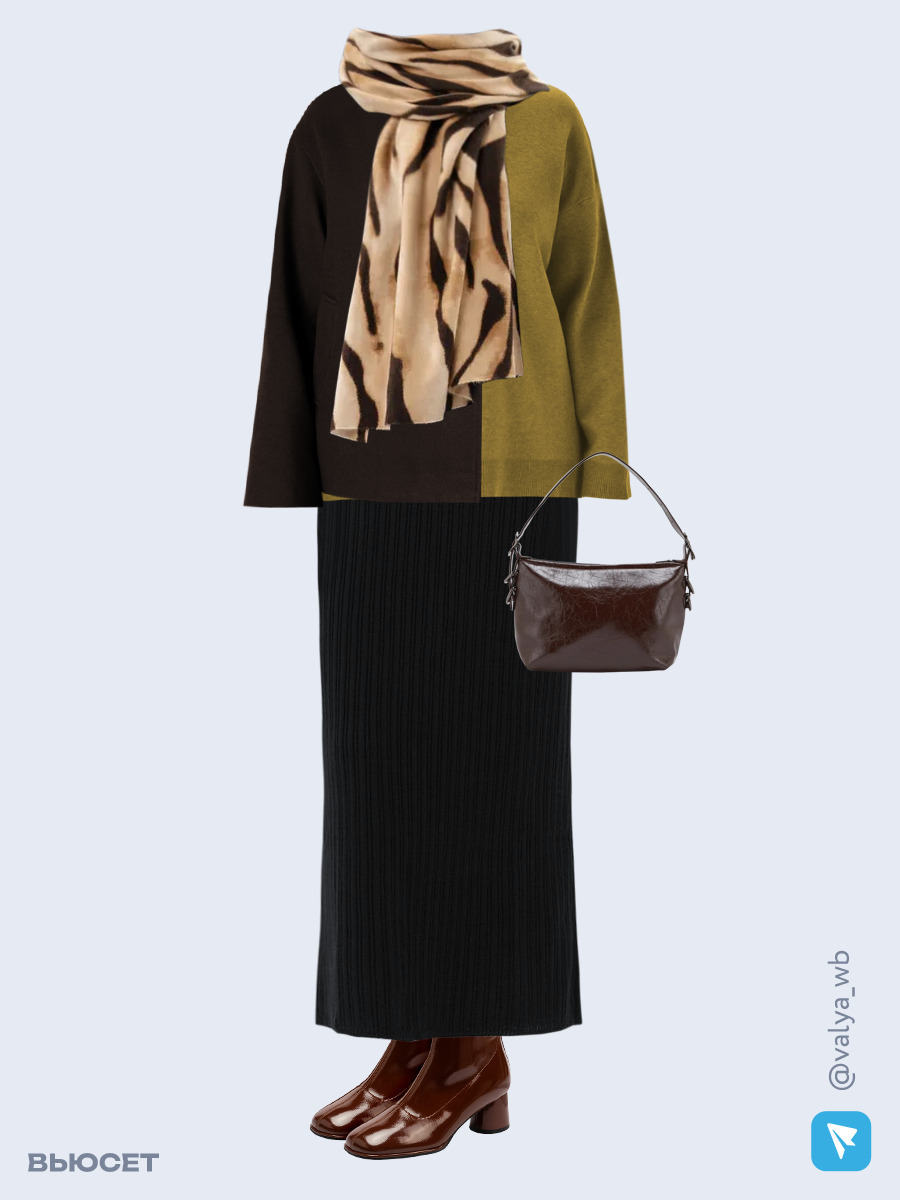 Образ с Вайлдберриз с артикулами (пальто, свитер, юбка, сумка, ботильоны, шарф)