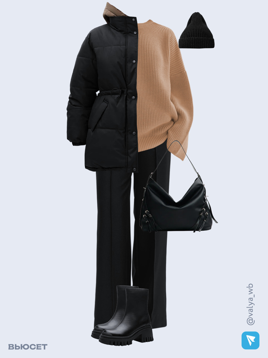 Образ с Вайлдберриз с артикулами (куртка ❄️, свитер, брюки, сумка, ботинки, шапка)