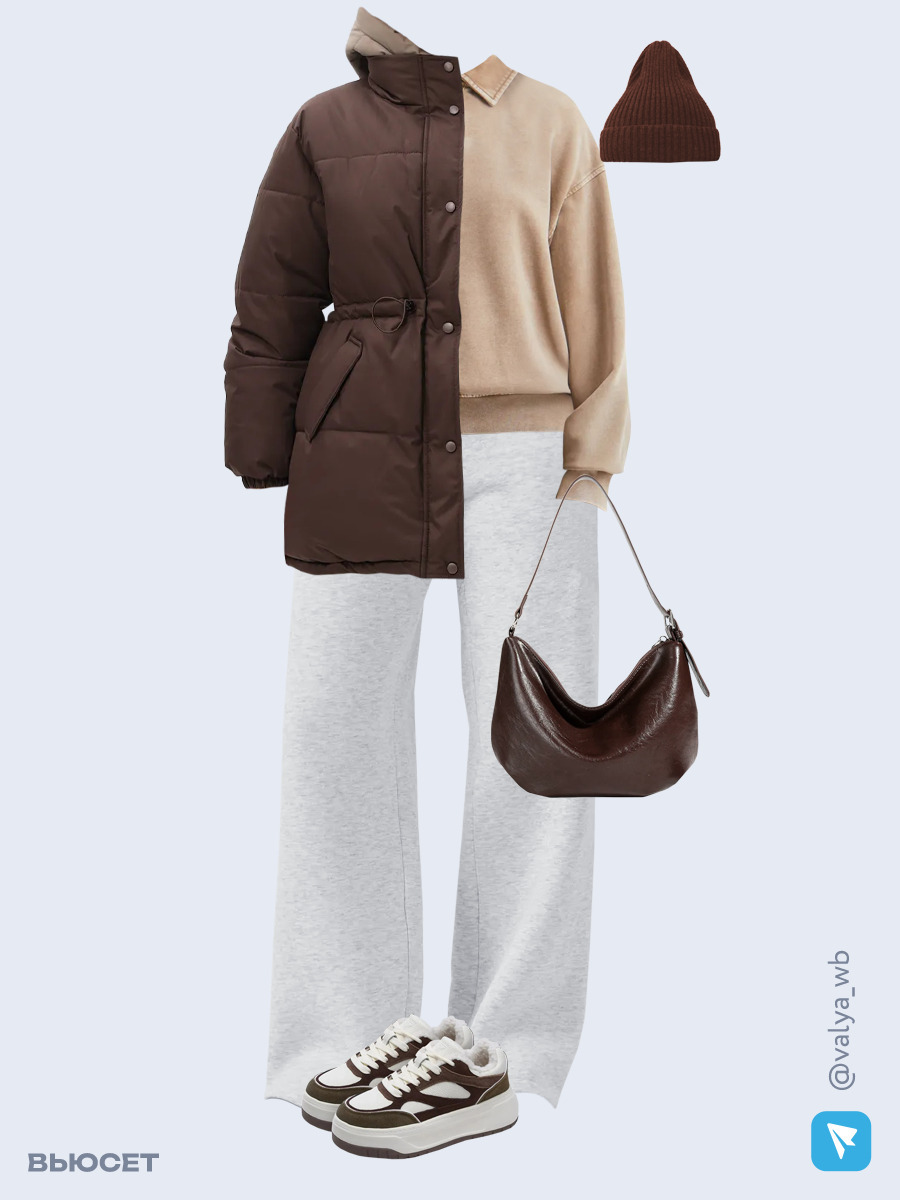 Образ с Вайлдберриз с артикулами (куртка ❄️, свитшот, брюки, сумка, кроссовки, шапка)