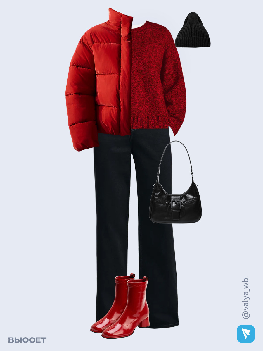 Образ с Вайлдберриз с артикулами (куртка, джемпер, футболка, джинсы, сумка, ботильоны, шапка)