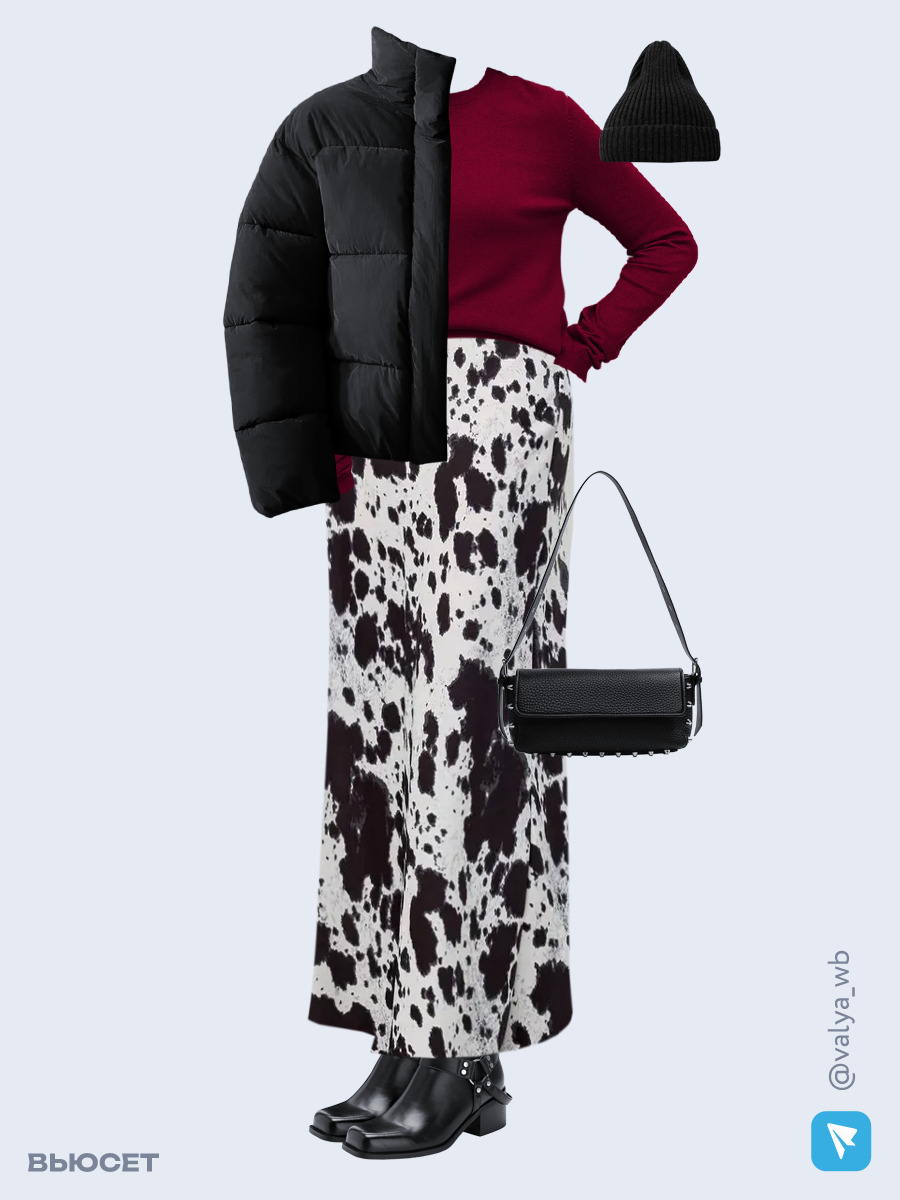 Образ с Вайлдберриз с артикулами (куртка, джемпер, юбка, сумка, ботильоны, шапка)