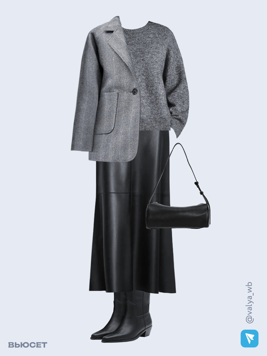 Образ с Вайлдберриз с артикулами (пальто, джемпер, юбка, сумка, полусапожки)