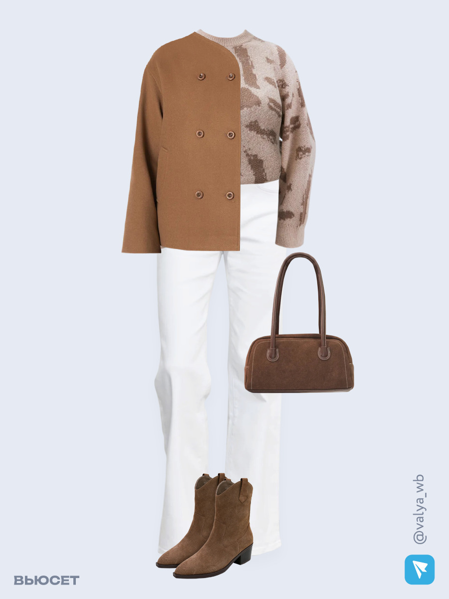 Образ с Вайлдберриз с артикулами (пальто, джемпер, джинсы, сумка, ботильоны)