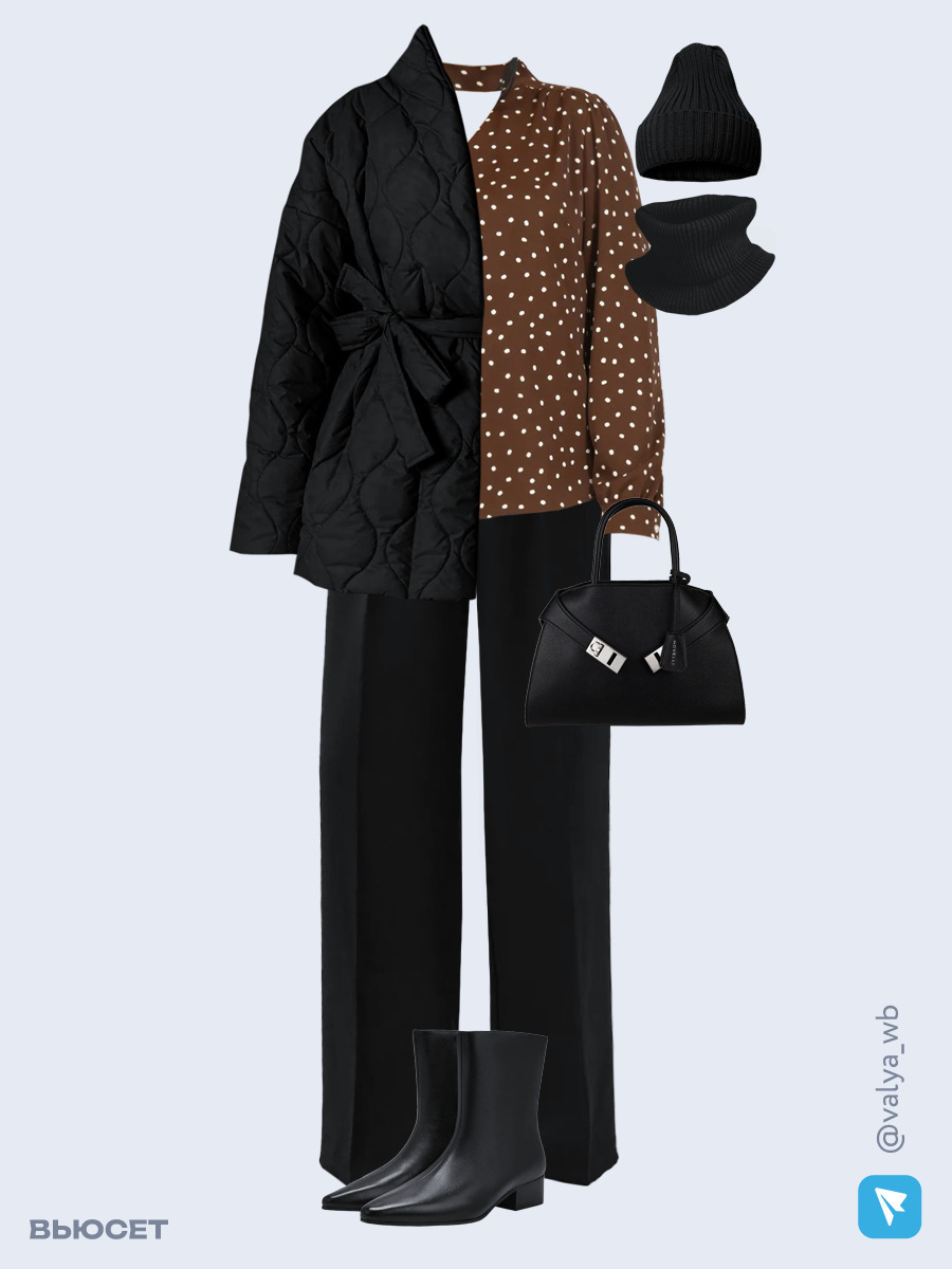 Образ с Вайлдберриз с артикулами (куртка, блуза, брюки, сумка, ботильоны, шапка и снуд)