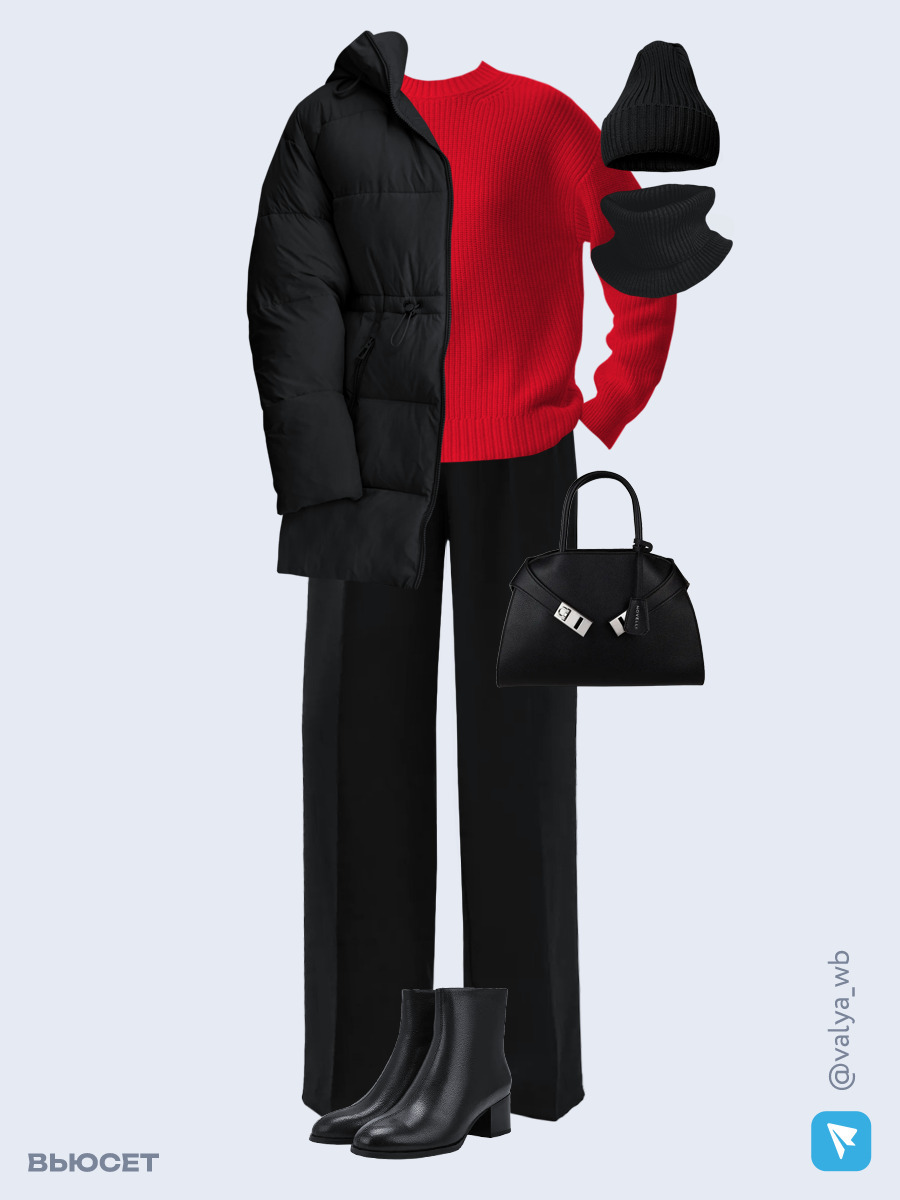Образ с Вайлдберриз с артикулами (куртка ❄️, джемпер, брюки, сумка, ботильоны ❄️, шапка и снуд)