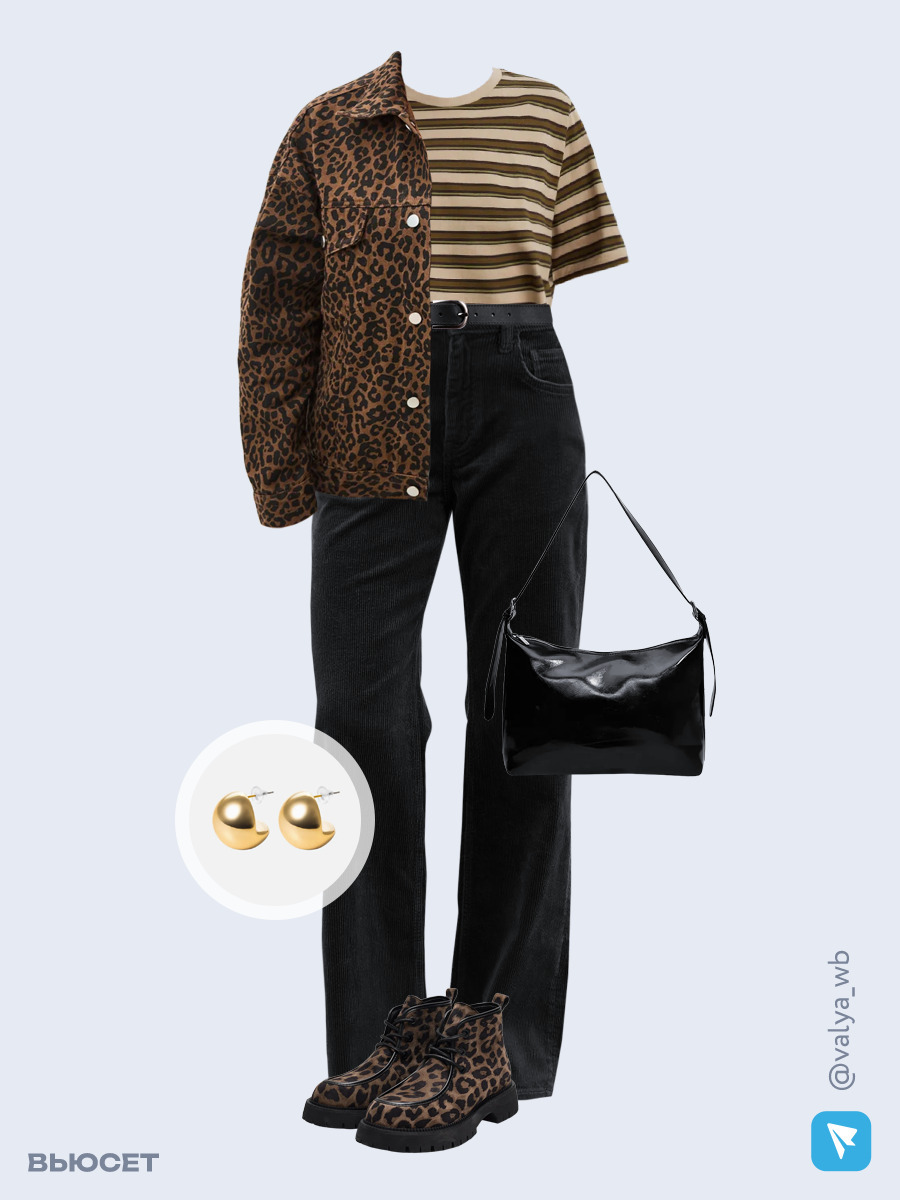 Образ с Вайлдберриз с артикулами (куртка, футболка, брюки, сумка, ботинки, серьги, ремень)