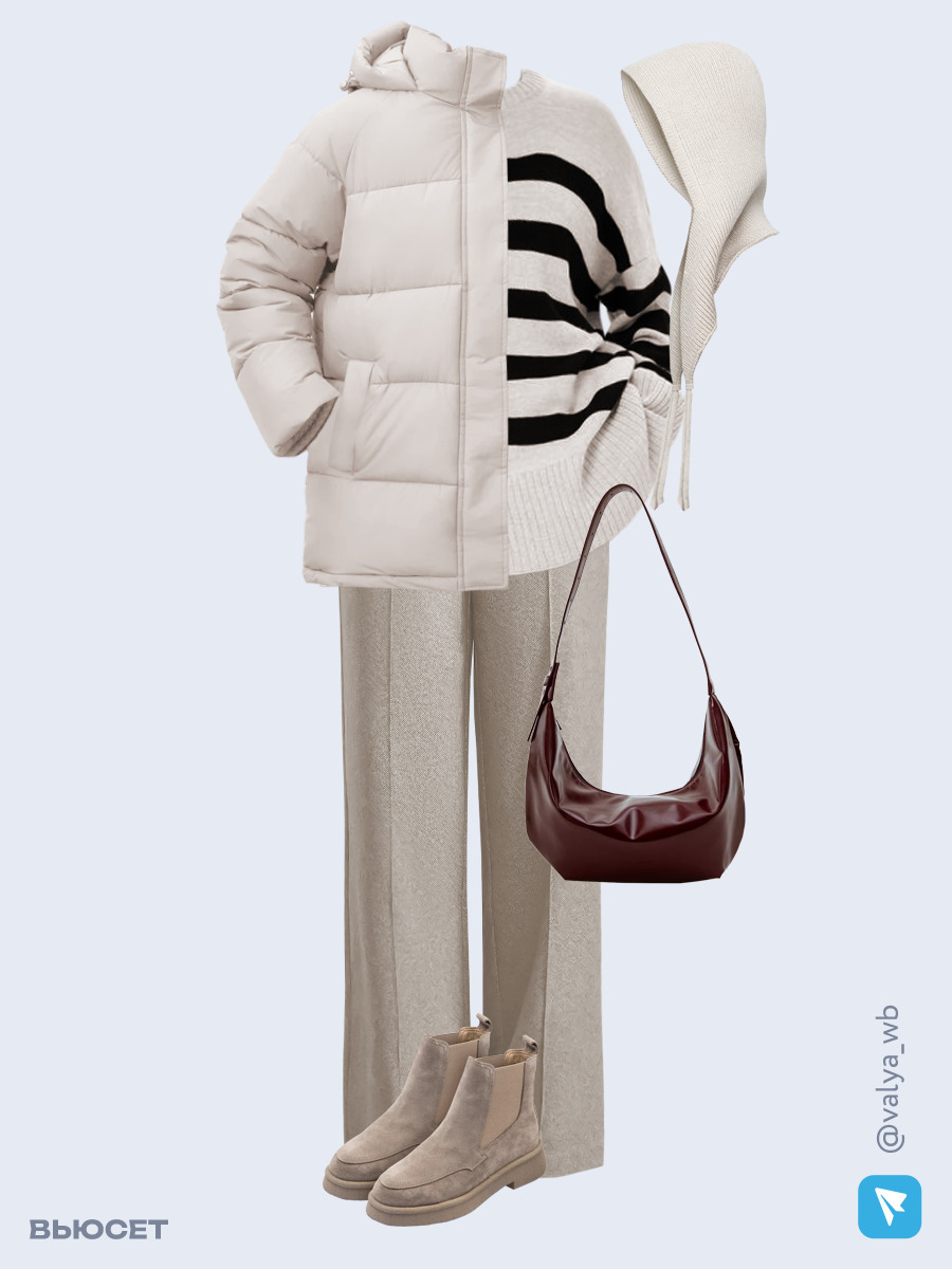 Образ с Вайлдберриз с артикулами (куртка ❄️, свитер, брюки, сумка, ботинки ❄️, чепчик)
