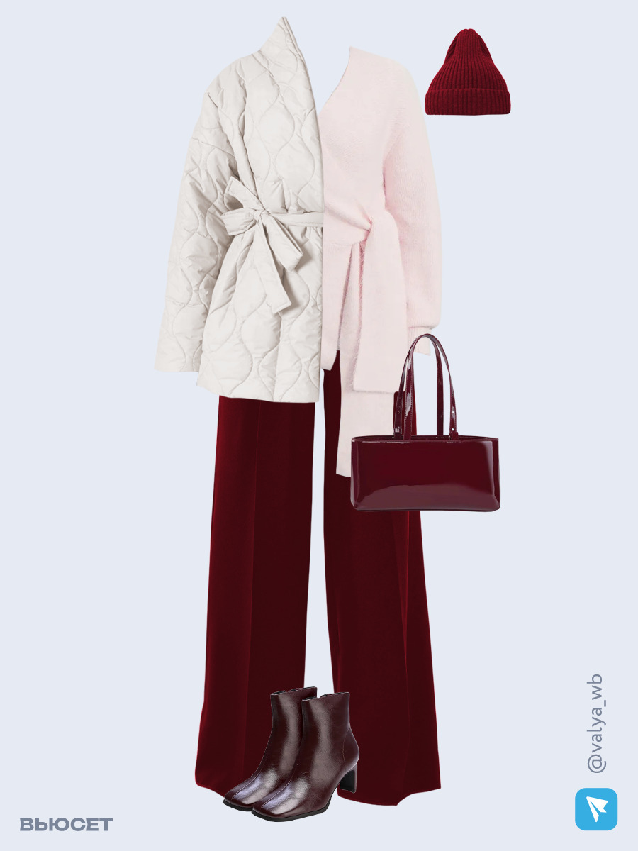 Образ с Вайлдберриз с артикулами (куртка, кардиган, брюки, сумка, ботильоны, шапка)