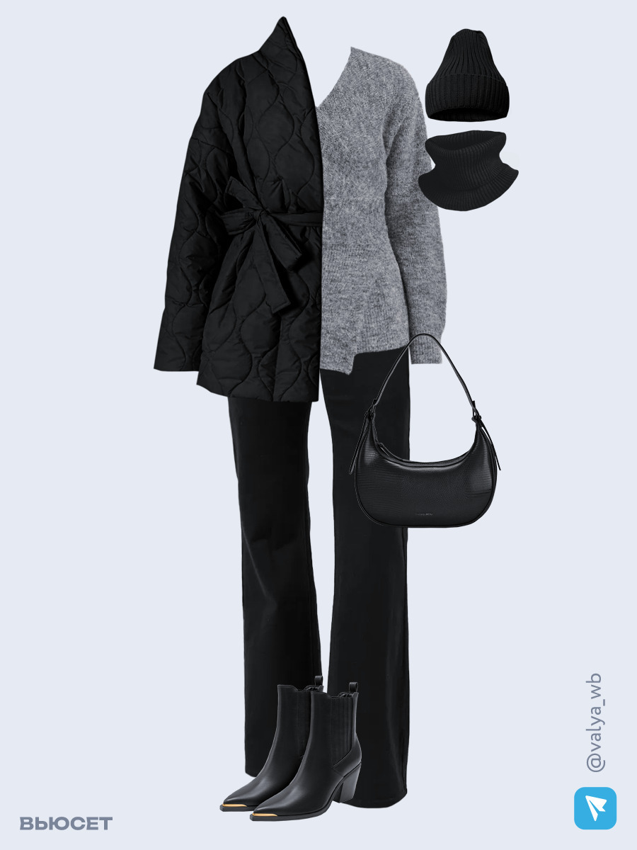 Образ с Вайлдберриз с артикулами (куртка, кардиган, джинсы, сумка, ботильоны, шапка и снуд)