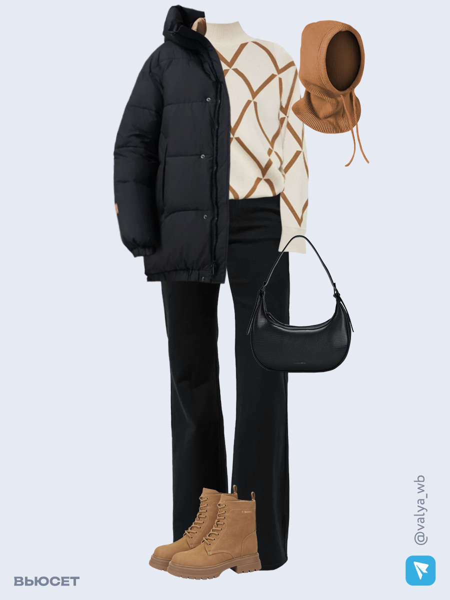 Образ с Вайлдберриз с артикулами (куртка ❄️, свитер, джинсы, сумка, ботинки ❄️, капор)