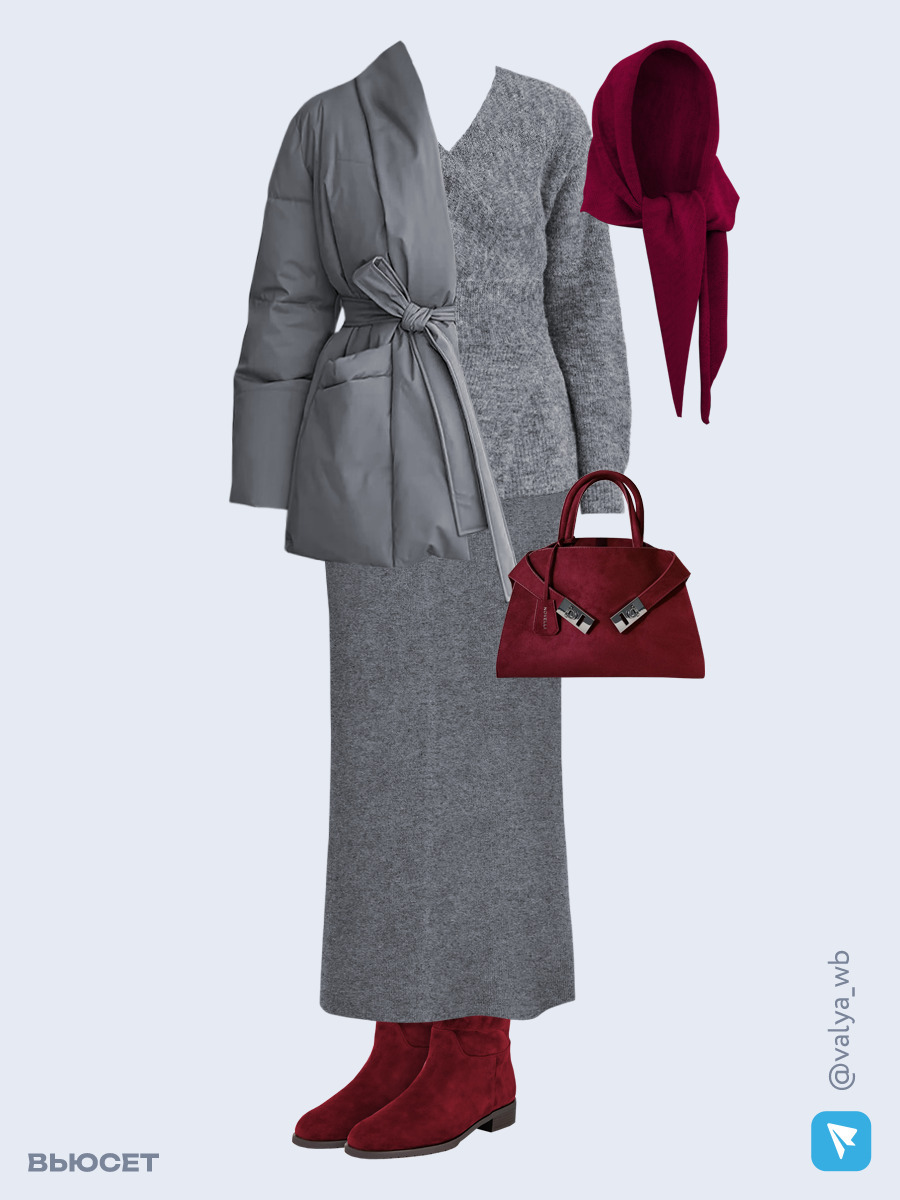 Образ с Вайлдберриз с артикулами (куртка, кардиган, юбка, сумка, сапоги ❄️, капор)