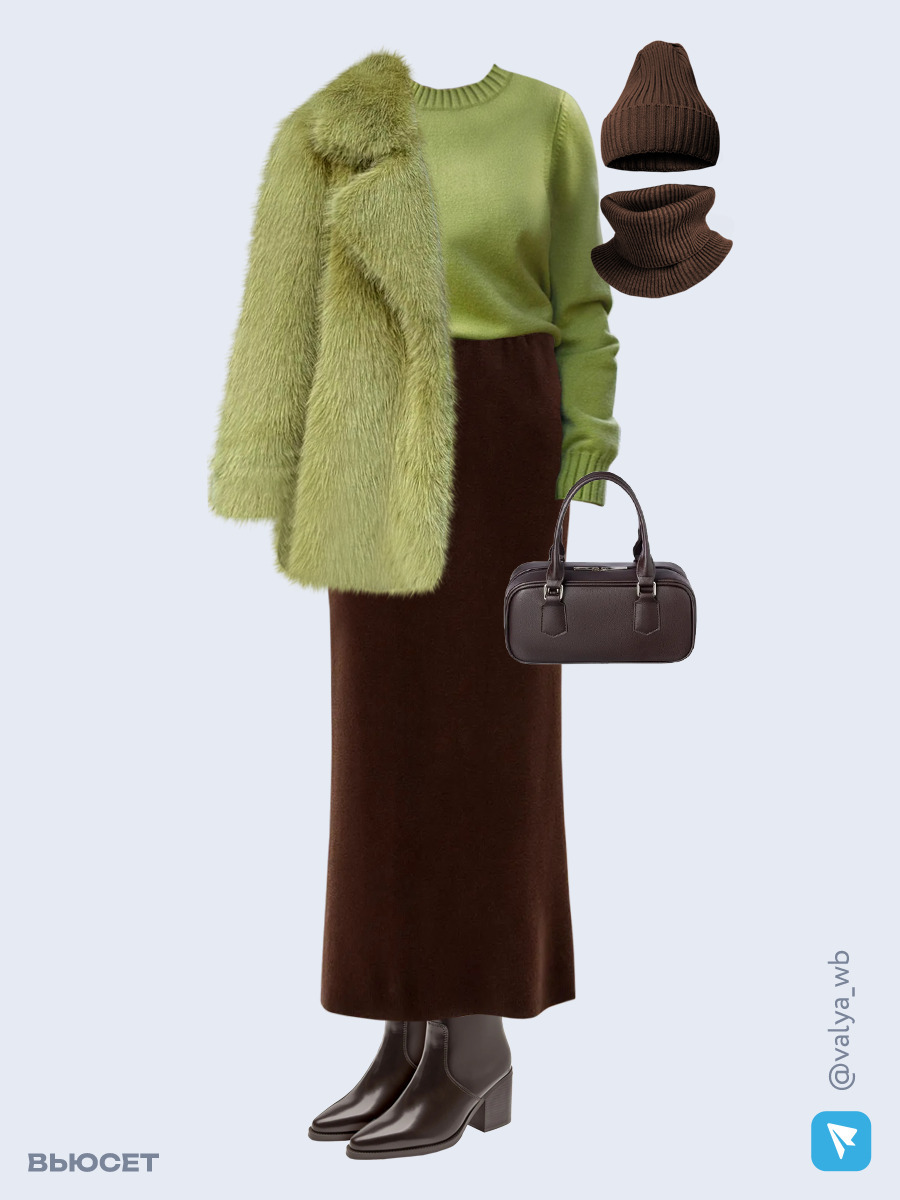 Образ с Вайлдберриз с артикулами (шуба ❄️, свитер, юбка, сумка, полусапожки ❄️, шапка и снуд)