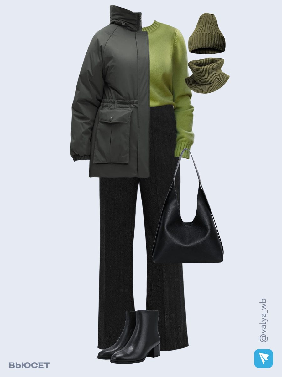 Образ с Вайлдберриз с артикулами (куртка ❄️, свитер, брюки, сумка, ботильоны ❄️, шапка и снуд)