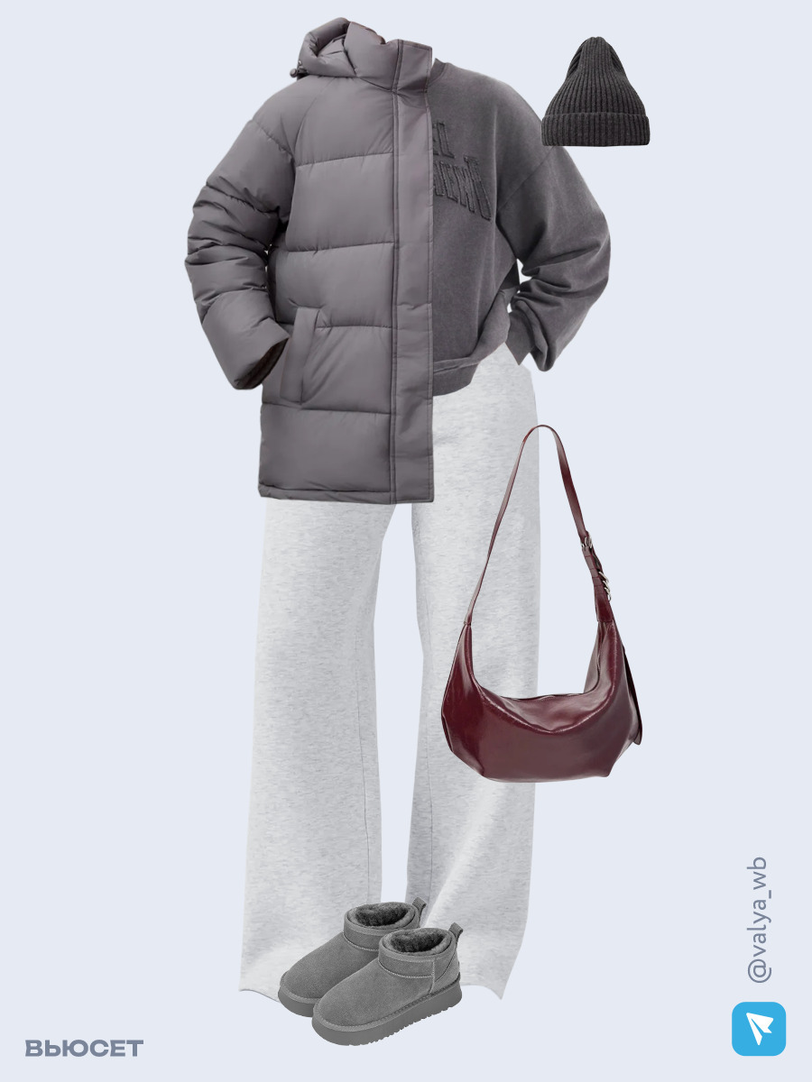 Образ с Вайлдберриз с артикулами (куртка ❄️, свитшот, брюки, сумка, угги, шапка)