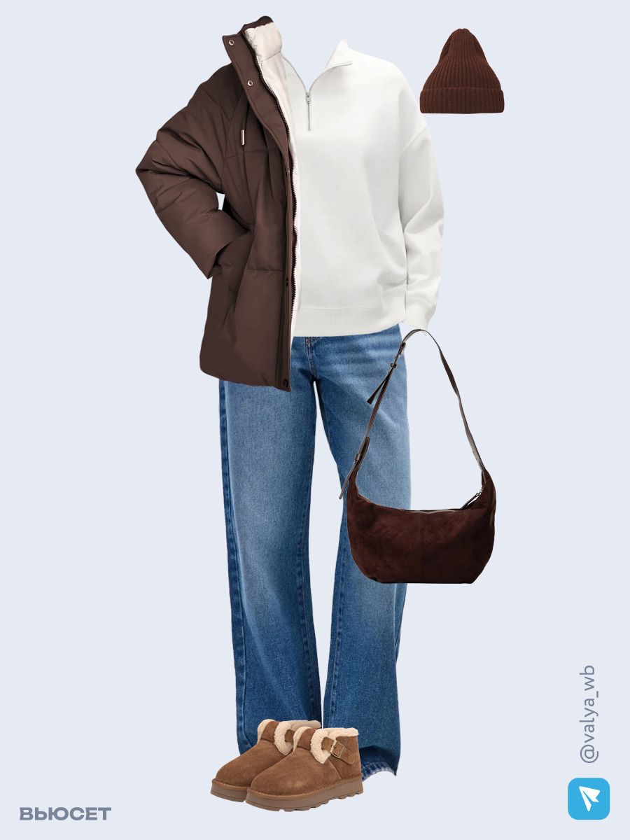 Образ с Вайлдберриз с артикулами (куртка ❄️, толстовка, джинсы, сумка, угги, шапка)