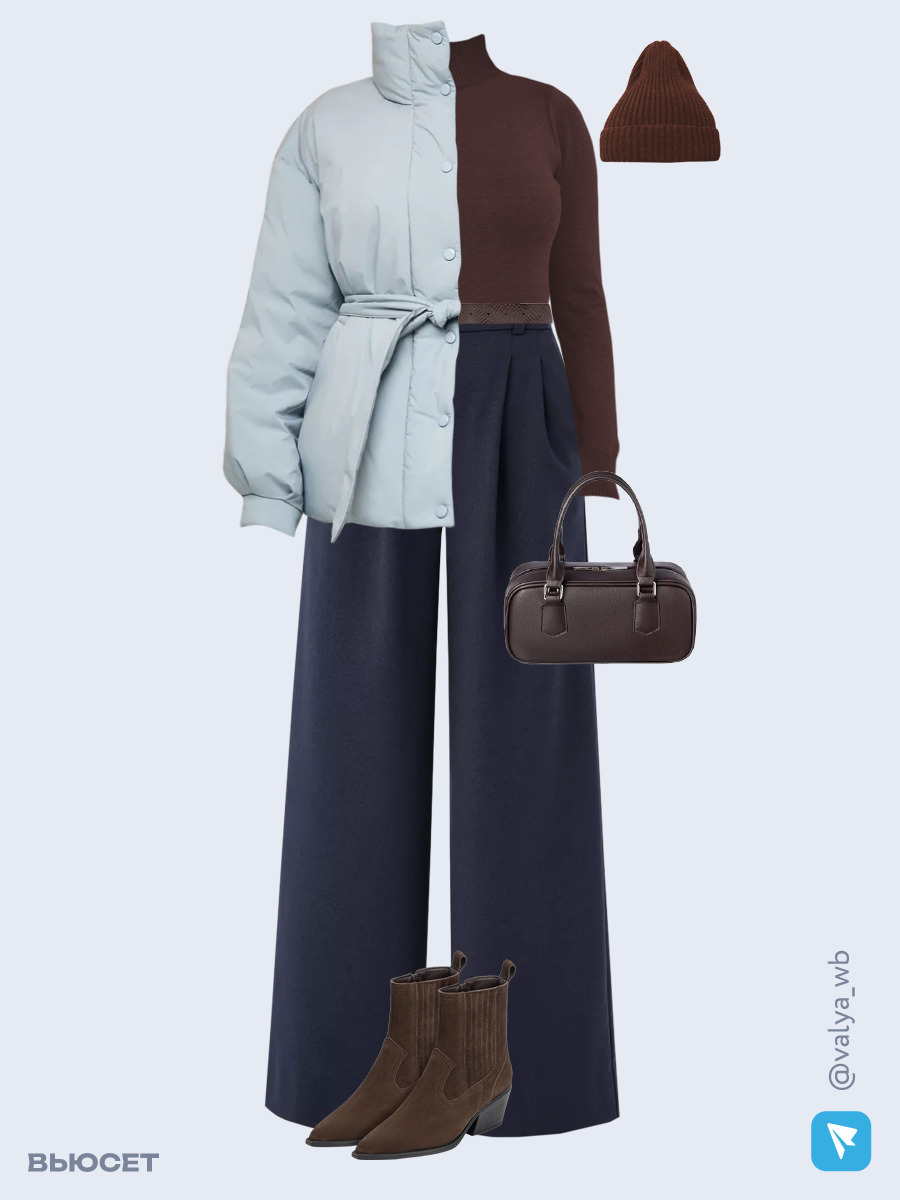 Образ с Вайлдберриз с артикулами (куртка, водолазка, брюки, сумка, ботильоны, шапка, ремень)