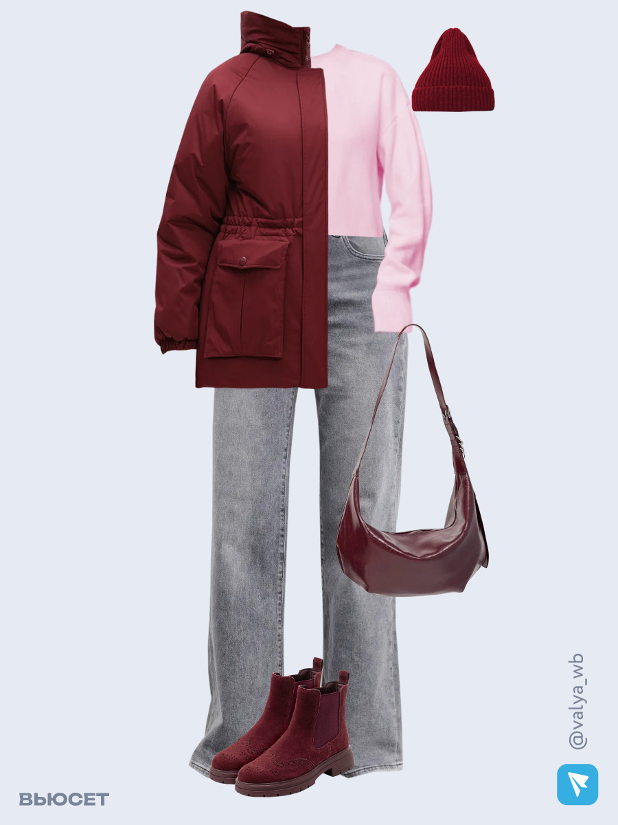 Образ с Вайлдберриз с артикулами (куртка ❄️, свитер, джинсы, сумка, ботинки, шапка)