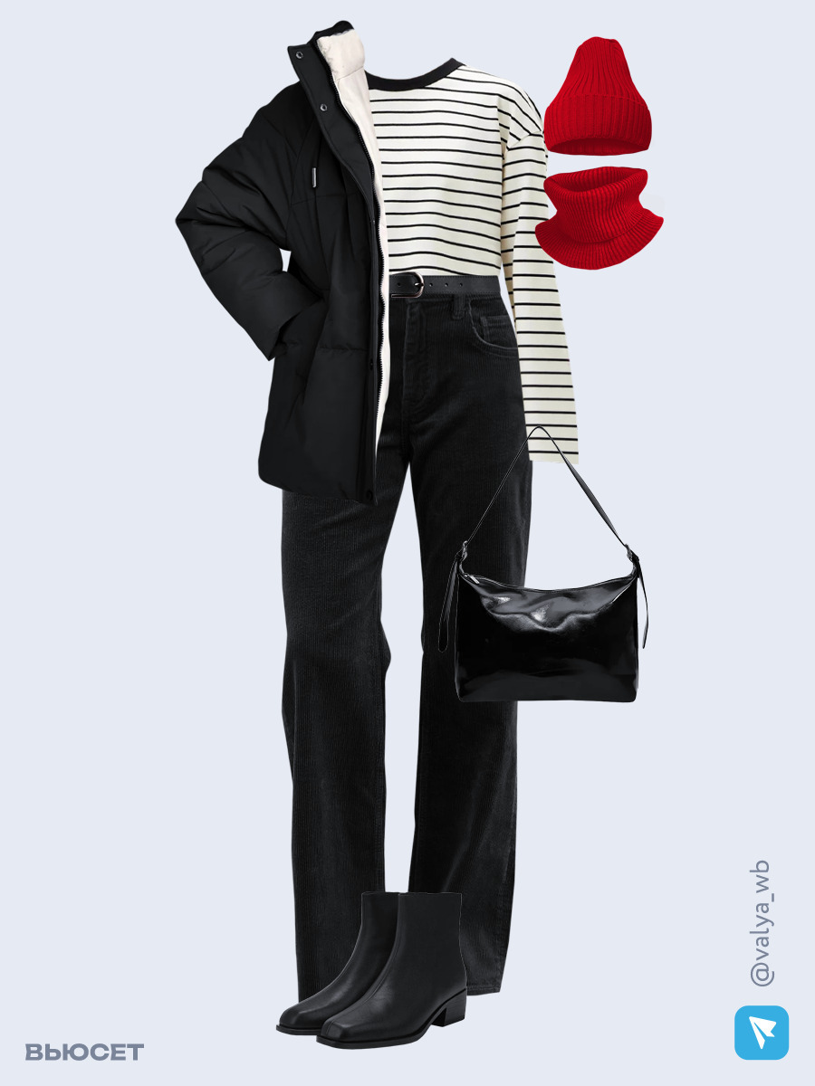 Образ с Вайлдберриз с артикулами (куртка ❄️, лонгслив, брюки, сумка, ботильоны ❄️, шапка и снуд, ремень)