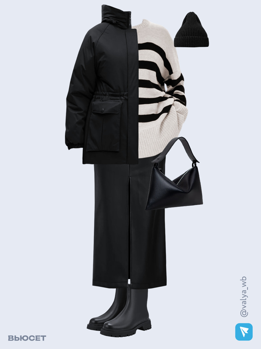Образ с Вайлдберриз с артикулами (куртка ❄️, свитер, юбка, сумка, ботинки ❄️, шапка)