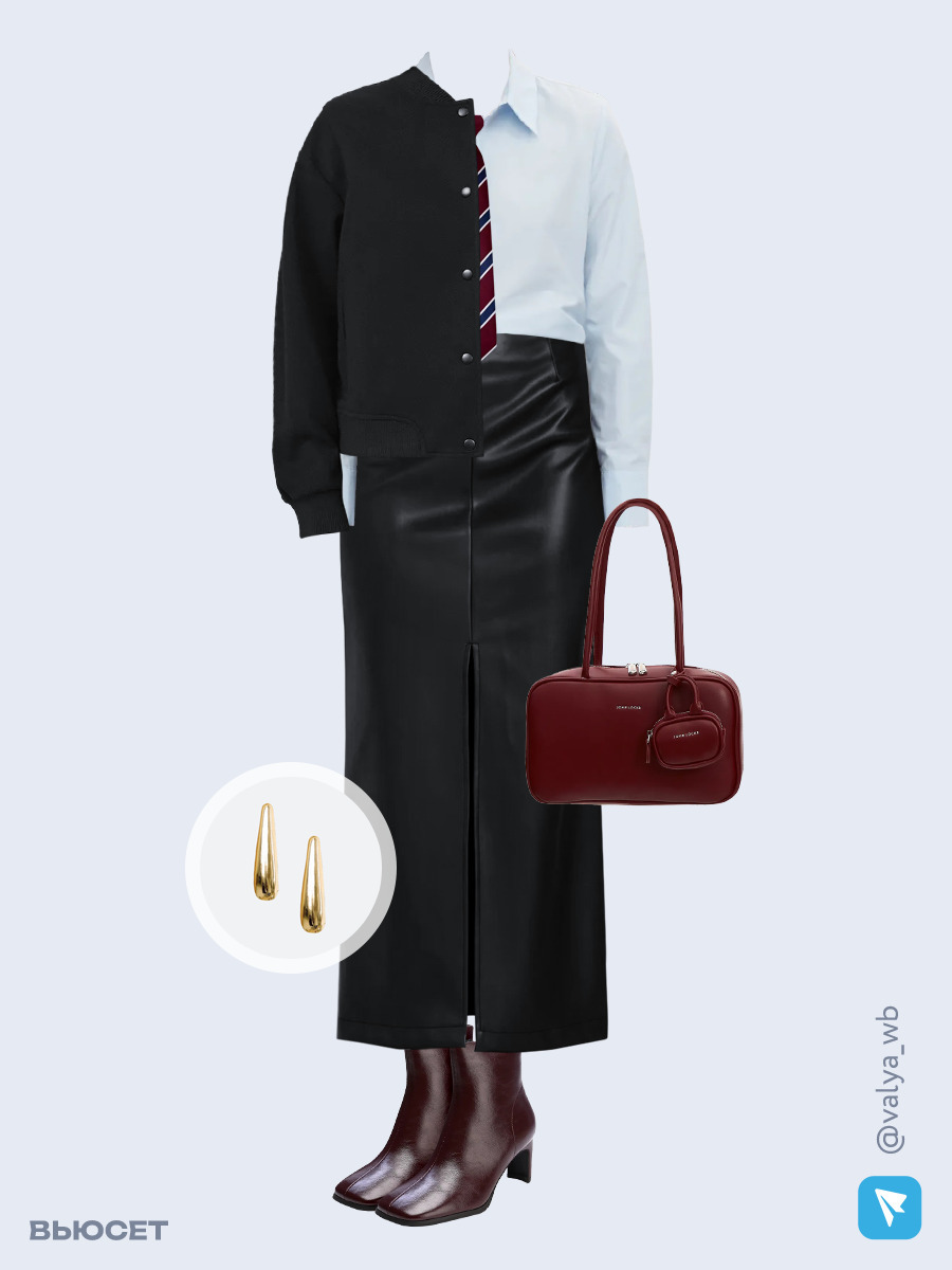 Образ с Вайлдберриз с артикулами (бомбер, рубашка, юбка, сумка, ботильоны, серьги, галстук)