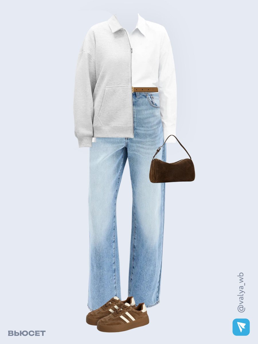 Образ с Вайлдберриз с артикулами (худи, рубашка, джинсы, сумка, кеды, ремень)