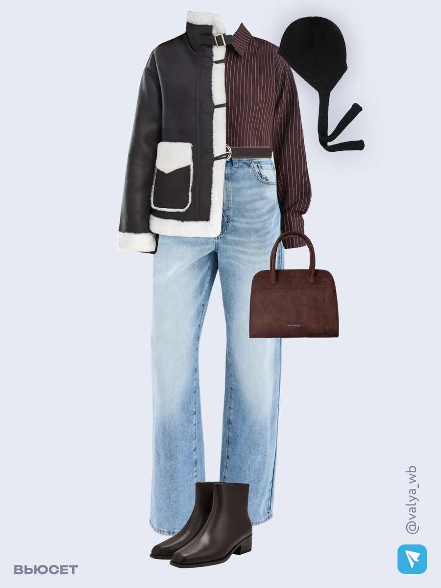 Образ с Вайлдберриз с артикулами (дубленка, рубашка, джинсы, сумка, ботильоны ❄️, капор, ремень)