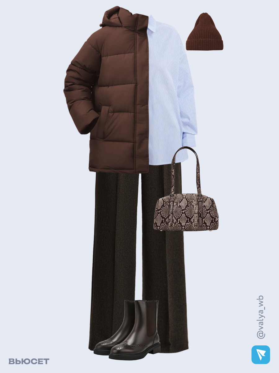 Образ с Вайлдберриз с артикулами (куртка ❄️, рубашка, брюки, сумка, ботинки ❄️, шапка)