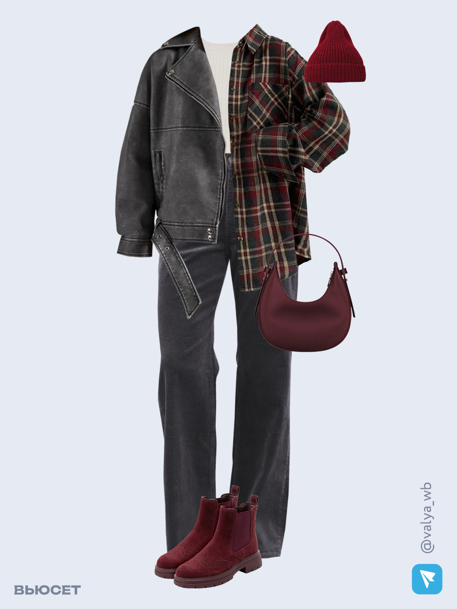Образ с Вайлдберриз с артикулами (куртка, рубашка, джемпер, брюки, сумка, ботинки, шапка)