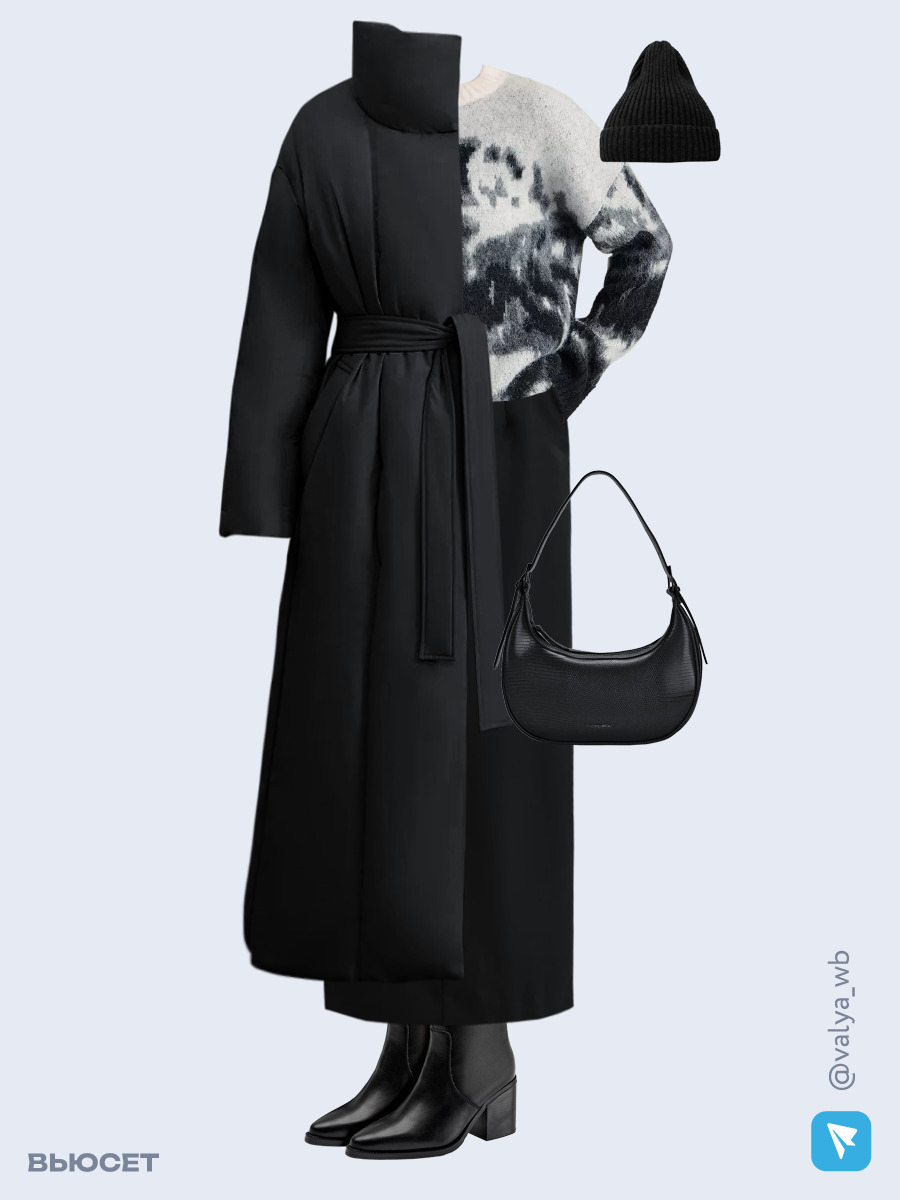 Образ с Вайлдберриз с артикулами (пальто ❄️, джемпер, юбка, сумка, полусапожки ❄️, шапка)