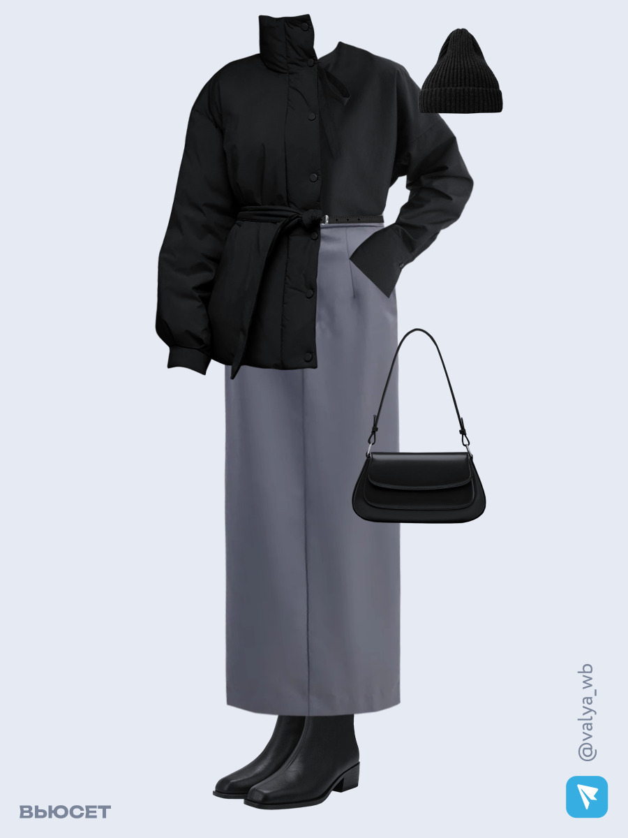 Образ с Вайлдберриз с артикулами (куртка, рубашка, юбка, сумка, ботильоны ❄️, шапка, ремень)