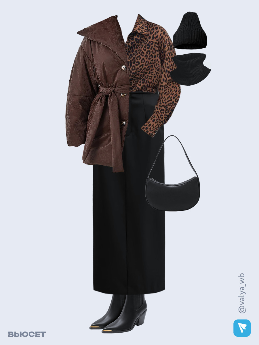 Образ с Вайлдберриз с артикулами (куртка, рубашка, юбка, сумка, ботильоны, шапка и снуд)