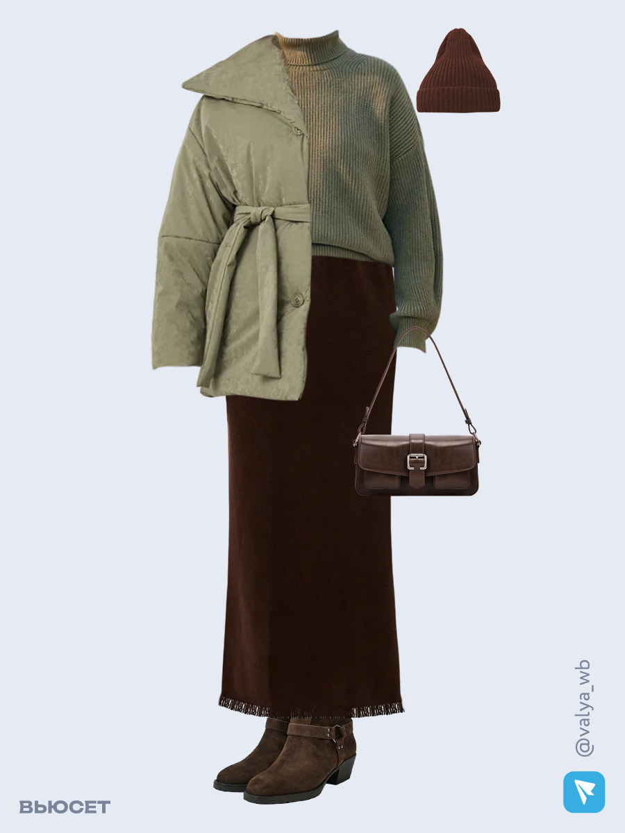 Образ с Вайлдберриз с артикулами (куртка, свитер, юбка, сумка, ботильоны ❄️, шапка)