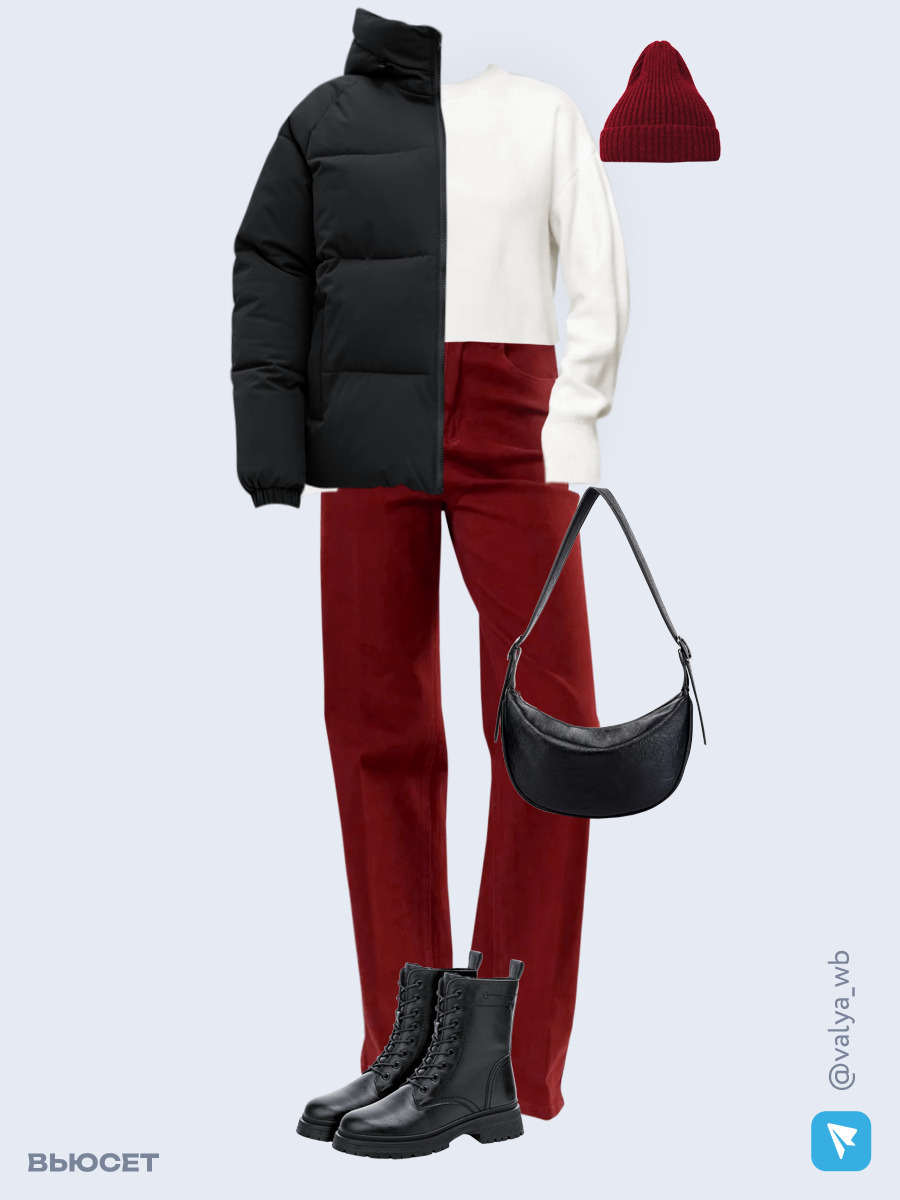 Образ с Вайлдберриз с артикулами (куртка ❄️, свитер, джинсы, сумка, ботинки ❄️, шапка)