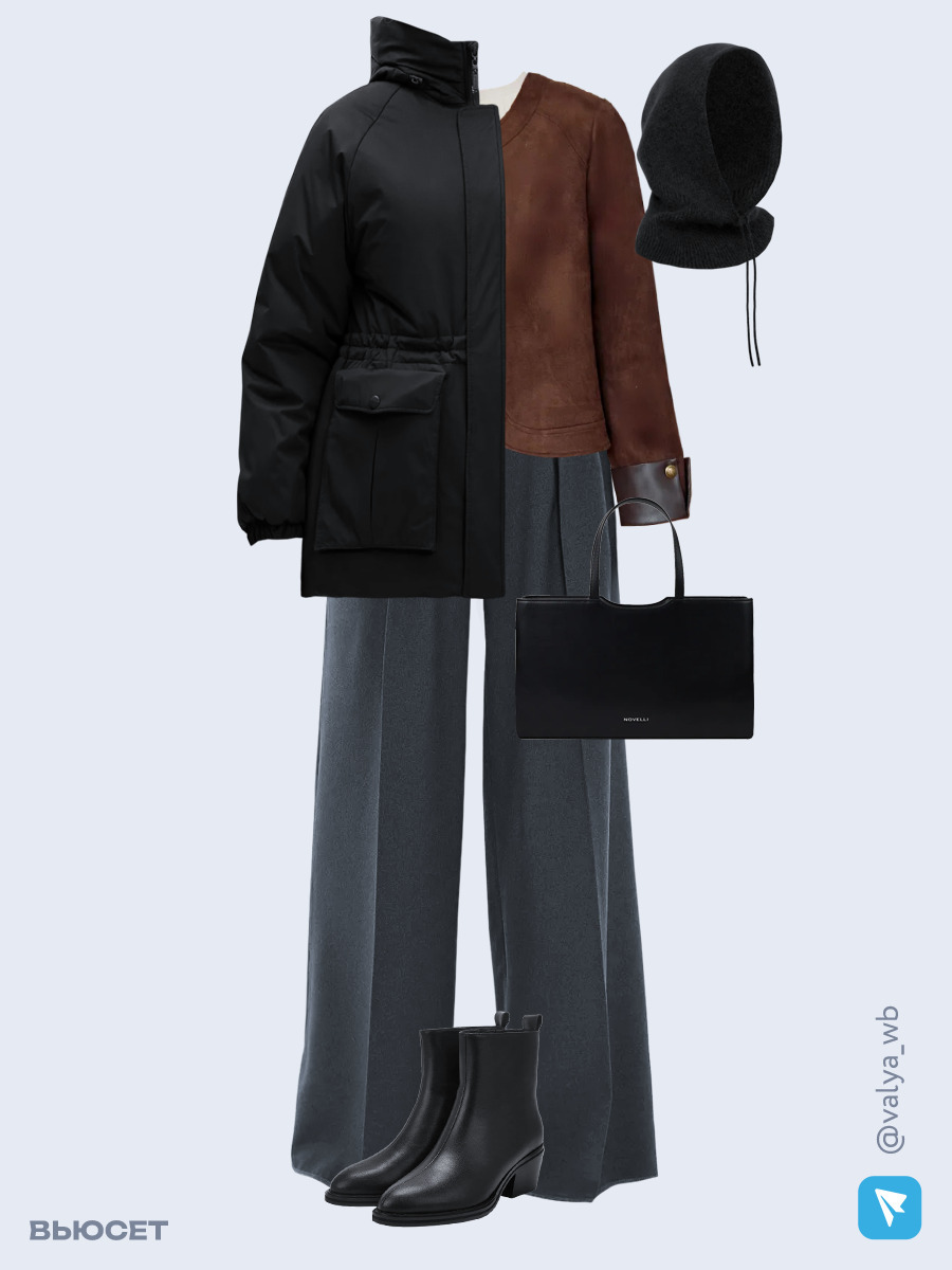 Образ с Вайлдберриз с артикулами (куртка ❄️, жакет, джемпер, брюки, сумка, ботильоны ❄️, капор, ремень)