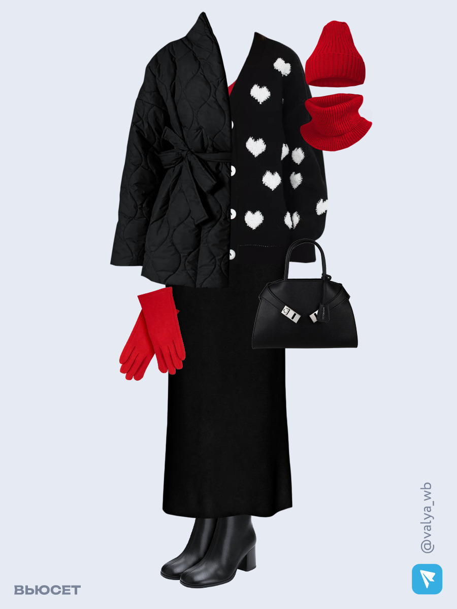 Образ с Вайлдберриз с артикулами (куртка, кардиган, топ, юбка, сумка, ботильоны, шапка и снуд, перчатки)