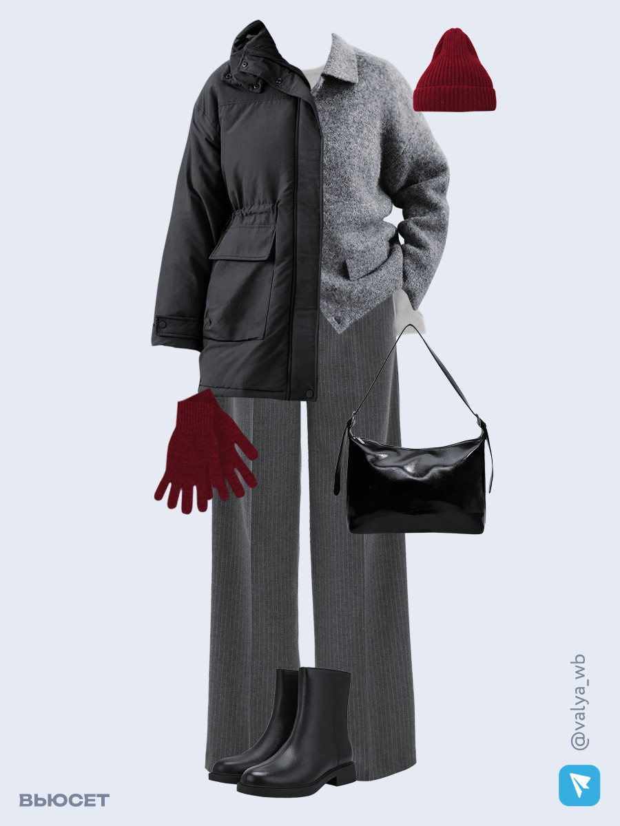 Образ с Вайлдберриз с артикулами (куртка ❄️, кардиган, джемпер, брюки, сумка, ботинки ❄️, шапка, перчатки)