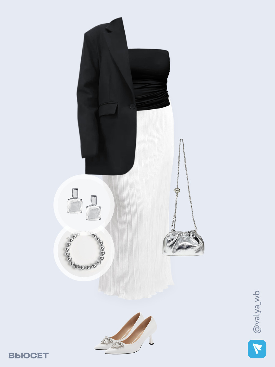 Образ с Вайлдберриз с артикулами (жакет, топ, юбка, сумка, туфли, ожерелье, серьги)