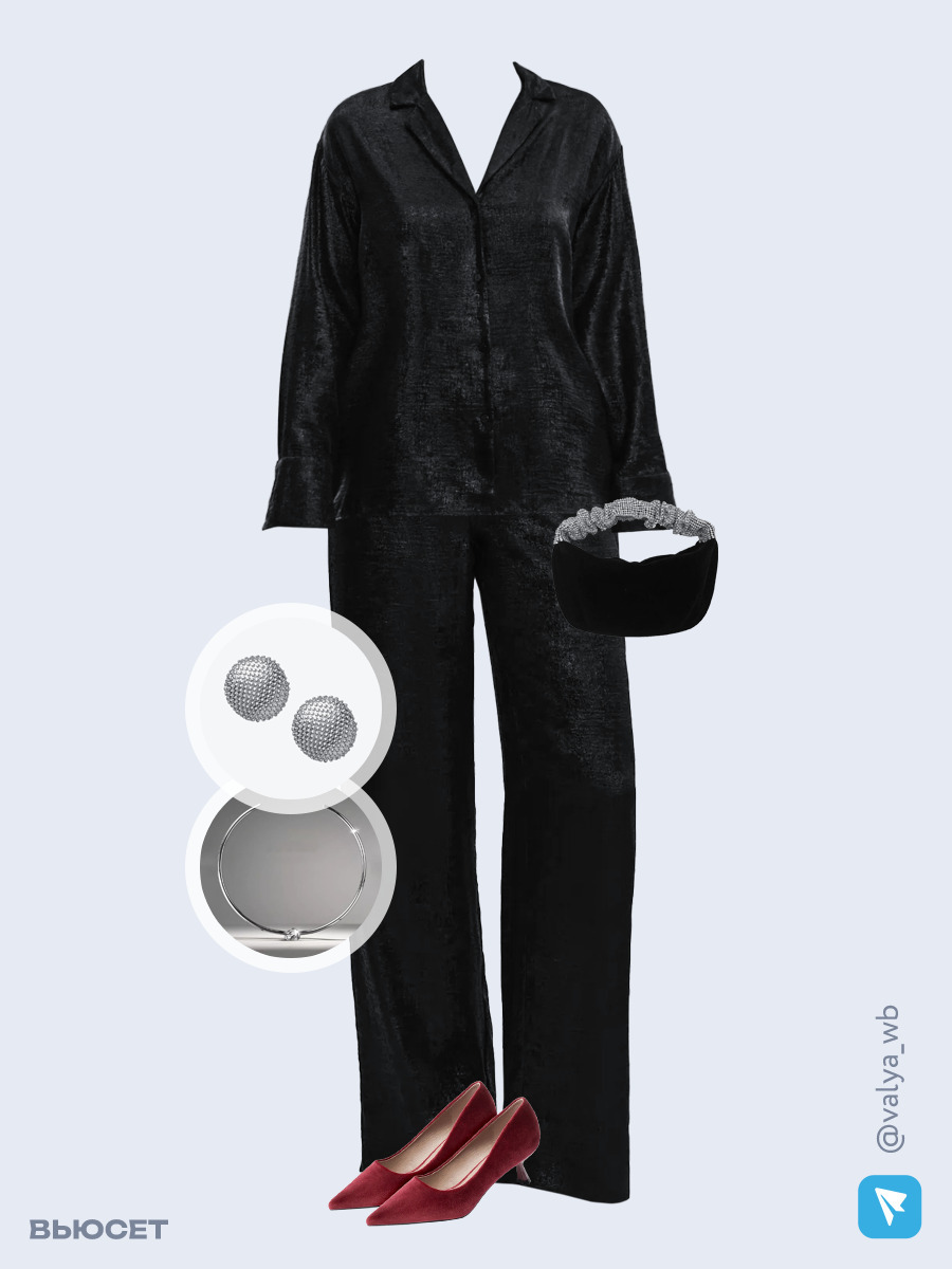 Образ с Вайлдберриз с артикулами (блуза, брюки, сумка, туфли, чокер, серьги)