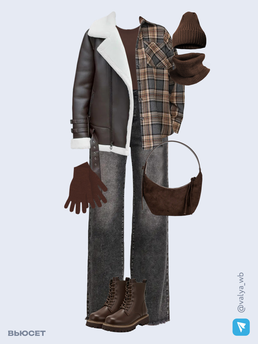 Образ с Вайлдберриз с артикулами (дубленка ❄️, рубашка, футболка, джинсы, сумка, ботинки ❄️, шапка и снуд, перчатки)