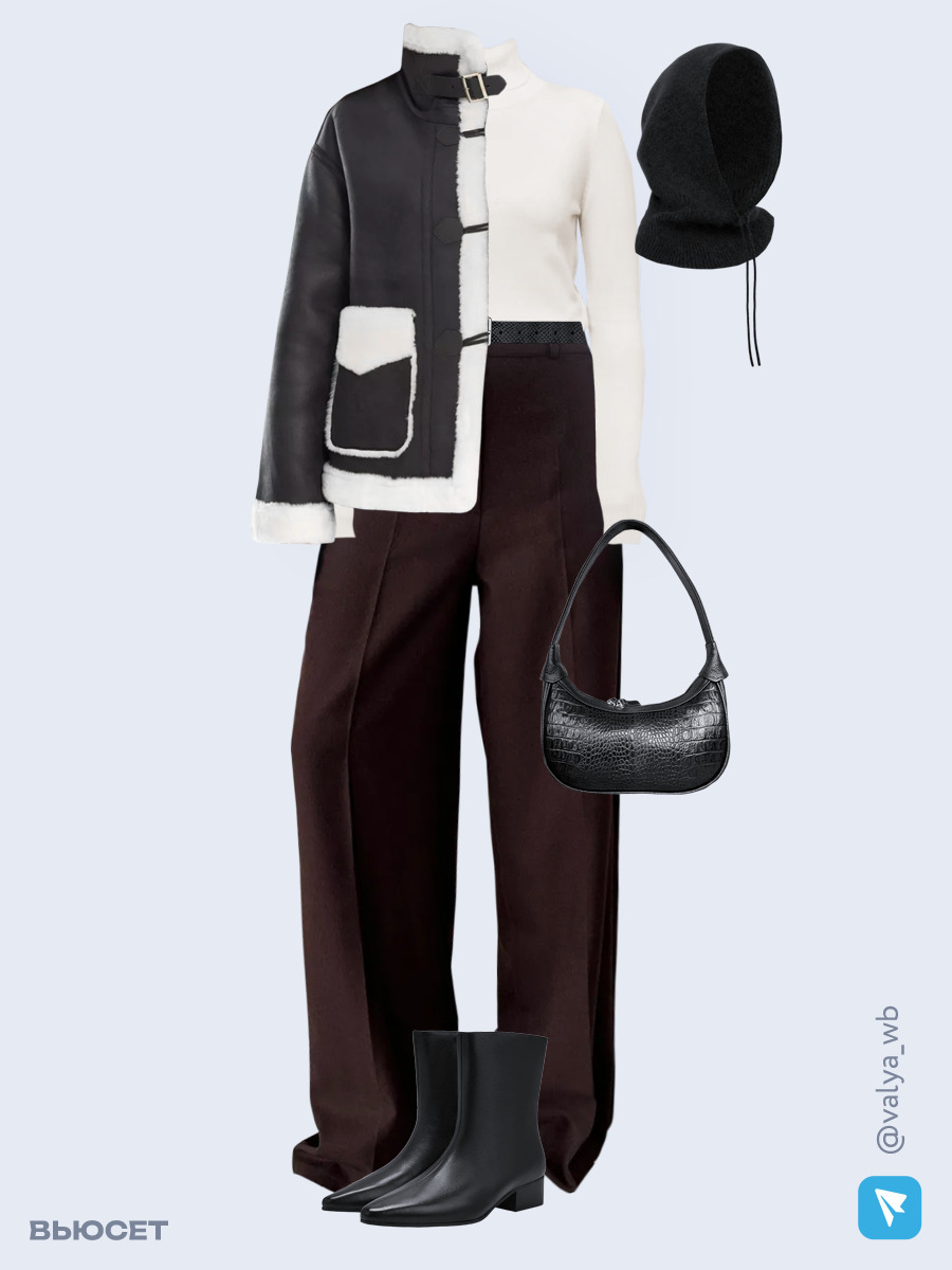 Образ с Вайлдберриз с артикулами (дубленка, водолазка, брюки, сумка, ботильоны, капор, ремень)