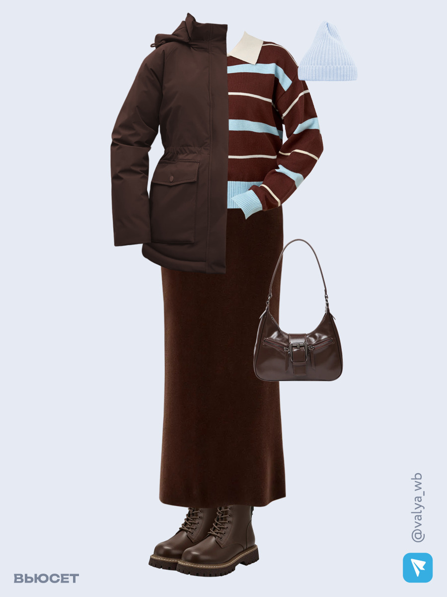 Образ с Вайлдберриз с артикулами (куртка ❄️, джемпер, юбка, сумка, ботинки ❄️, шапка)