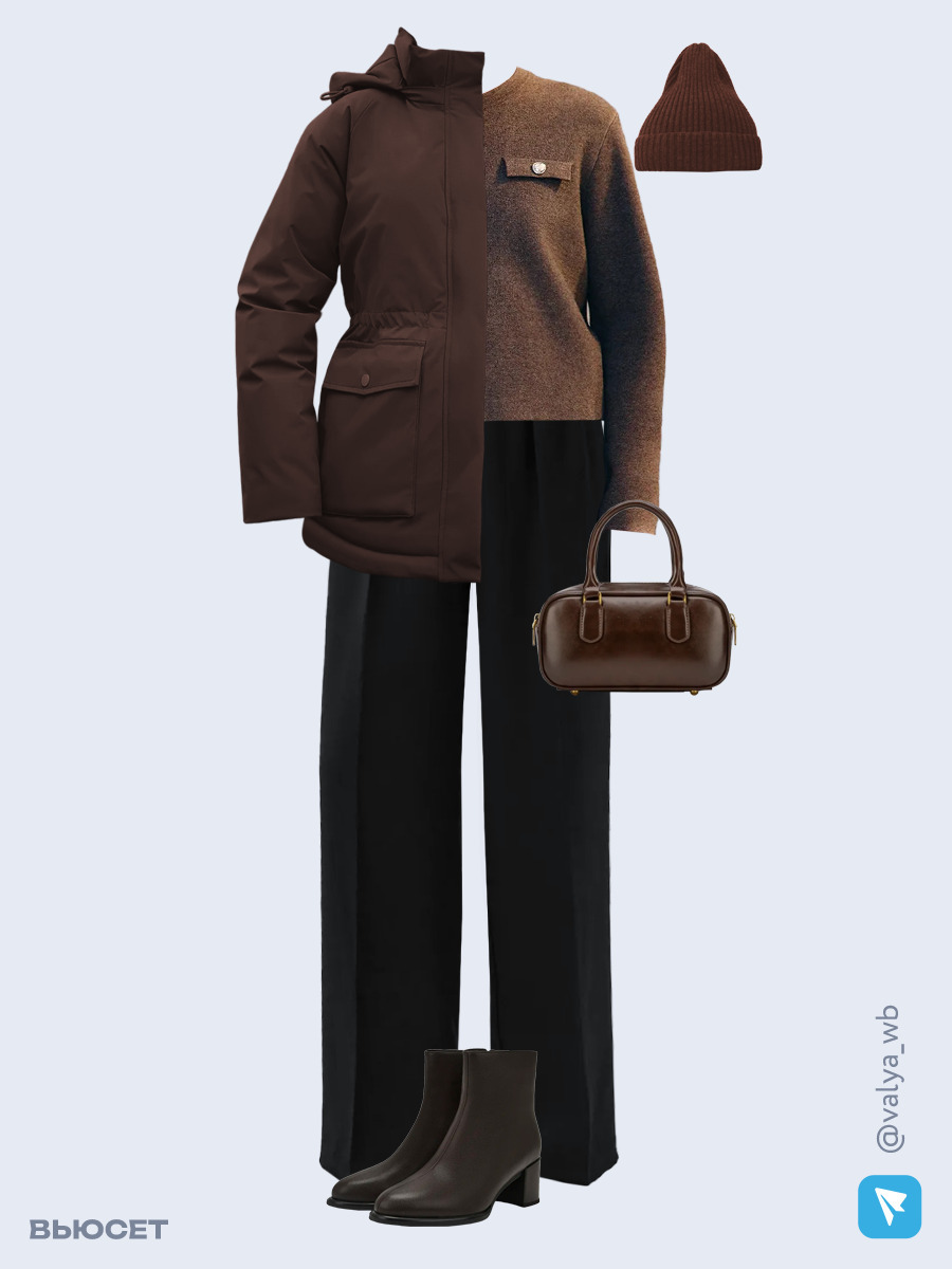 Образ с Вайлдберриз с артикулами (куртка ❄️, кардиган, топ, брюки, сумка, ботильоны ❄️, шапка, ремень)