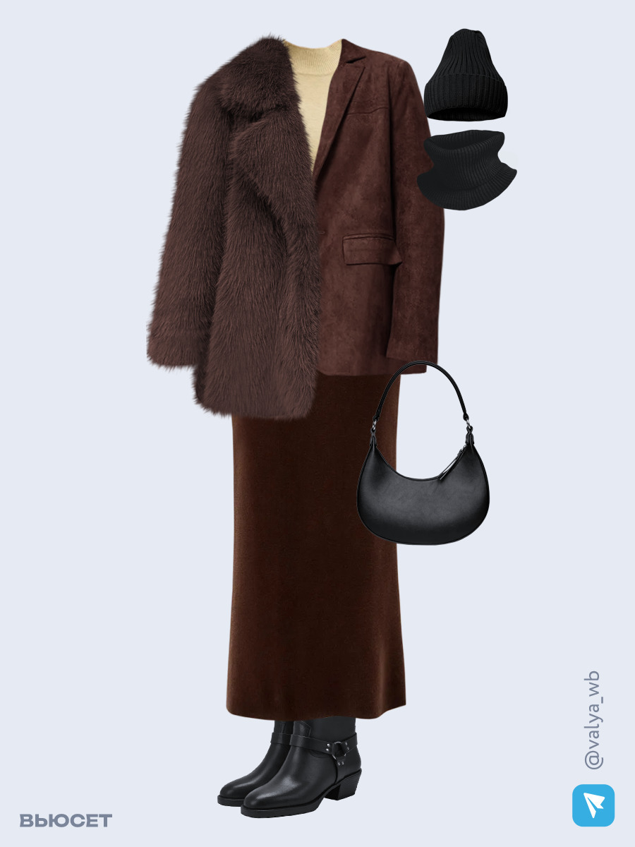 Образ с Вайлдберриз с артикулами (шуба ❄️, жакет, водолазка, юбка, сумка, ботильоны ❄️, шапка и снуд)