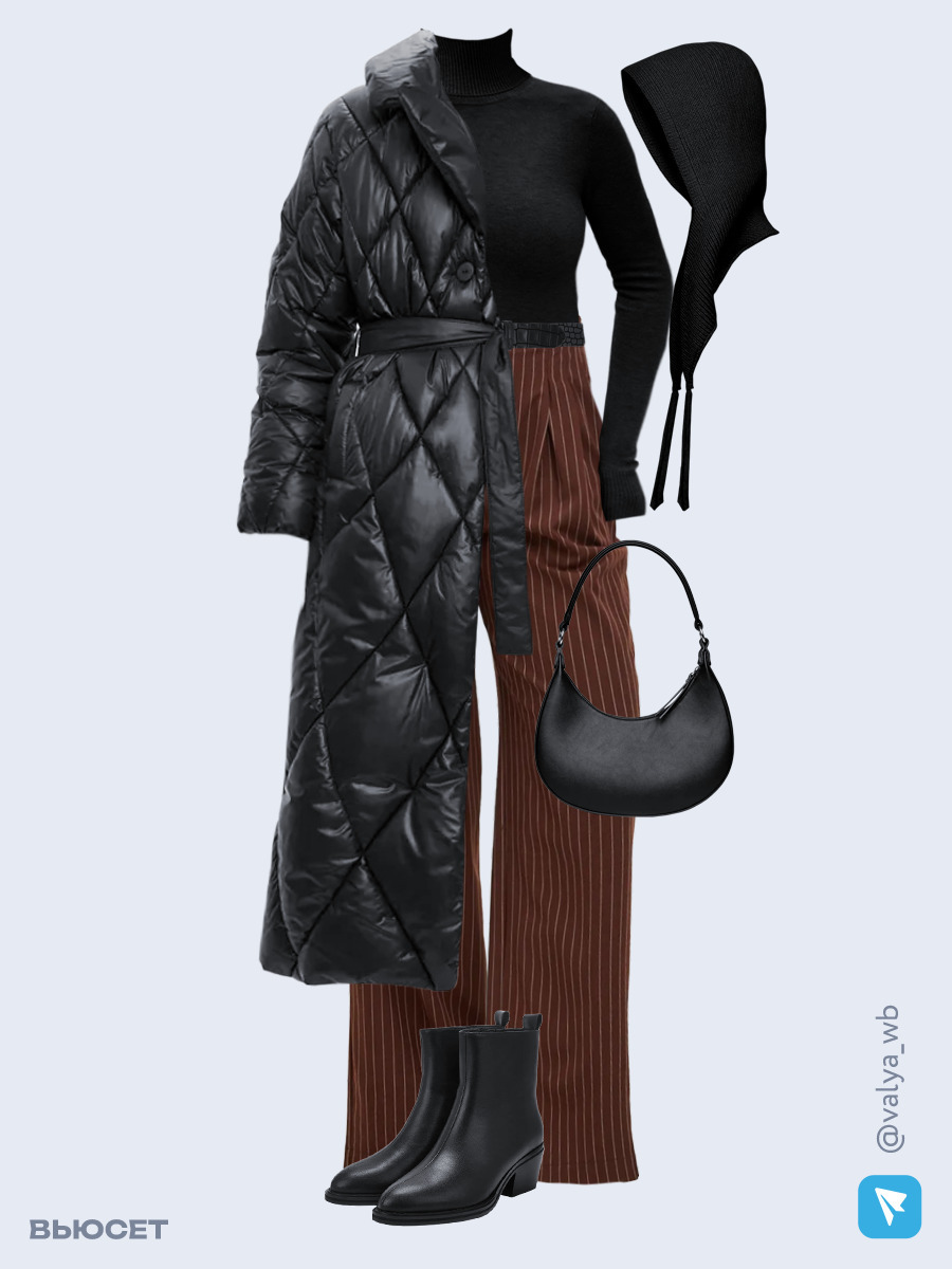 Образ с Вайлдберриз с артикулами (пуховик ❄️, водолазка, брюки, сумка, ботильоны ❄️, чепчик, ремень)