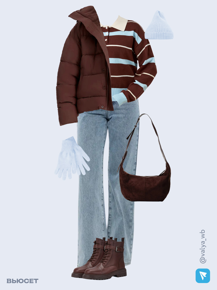 Образ с Вайлдберриз с артикулами (куртка ❄️, джемпер, джинсы, сумка, ботинки ❄️, шапка, перчатки)