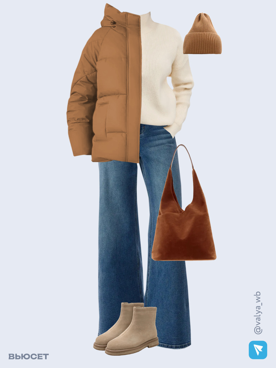 Образ с Вайлдберриз с артикулами (куртка ❄️, джемпер, джинсы, сумка, ботинки ❄️, шапка)