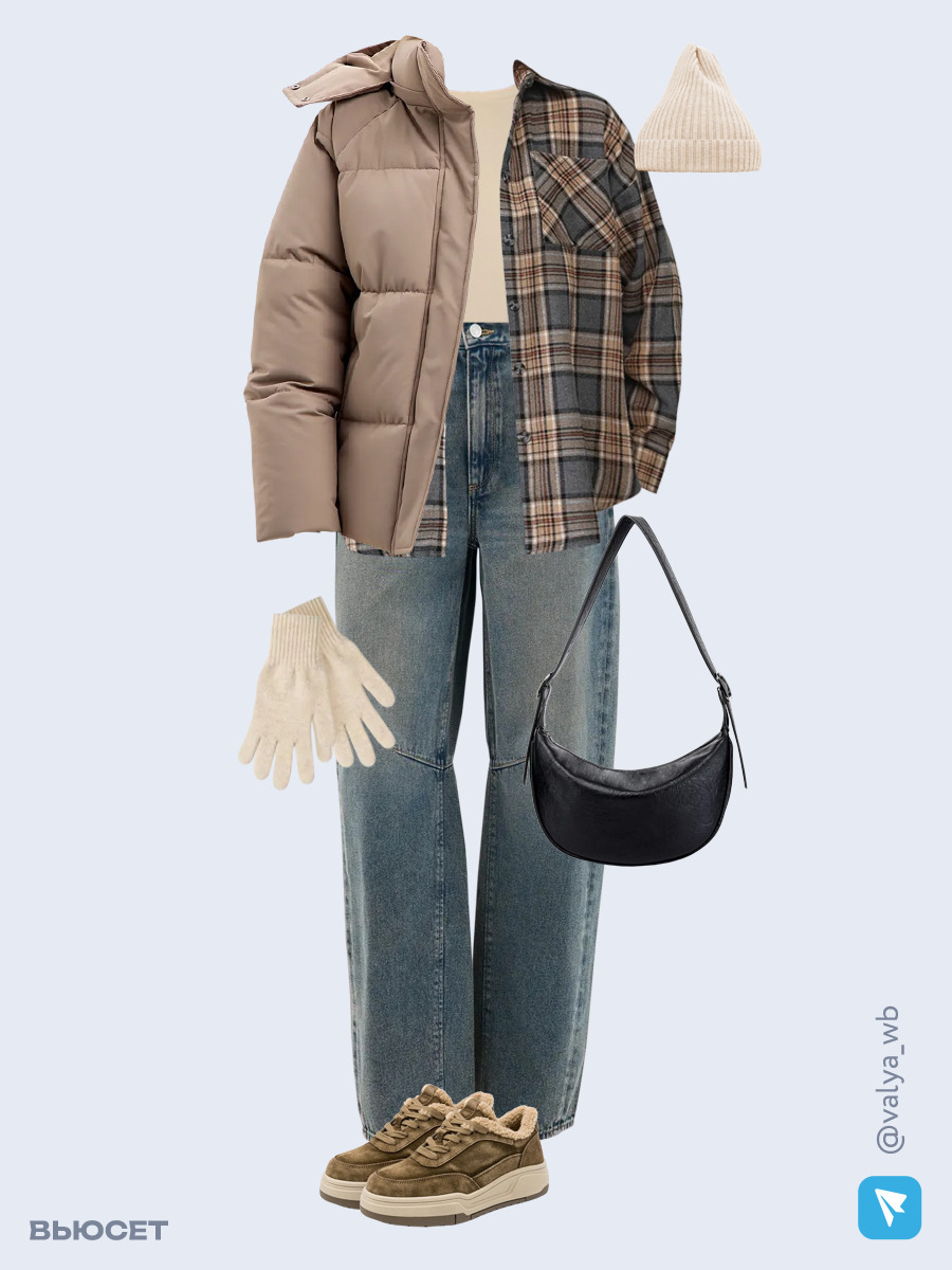 Образ с Вайлдберриз с артикулами (куртка ❄️, рубашка, футболка, джинсы, сумка, кроссовки ❄️, шапка, перчатки)