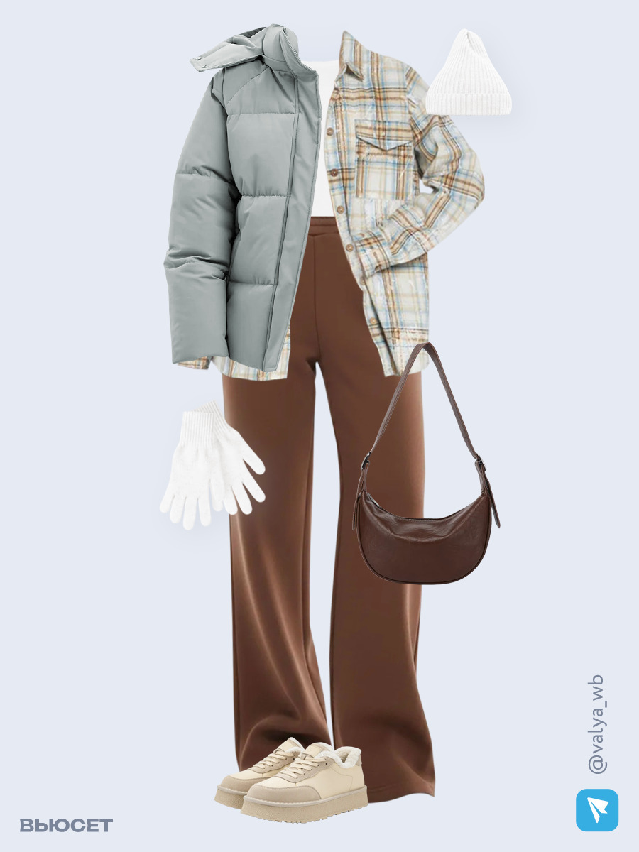 Образ с Вайлдберриз с артикулами (куртка ❄️, рубашка, футболка, брюки, сумка, кеды ❄️, шапка, перчатки)